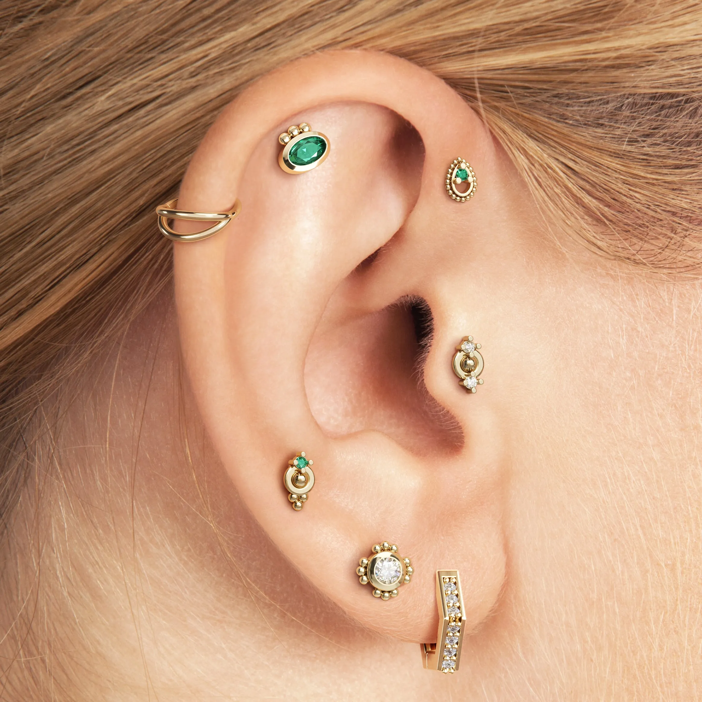 14K Gold Prong-Set Emerald Beaded Stud