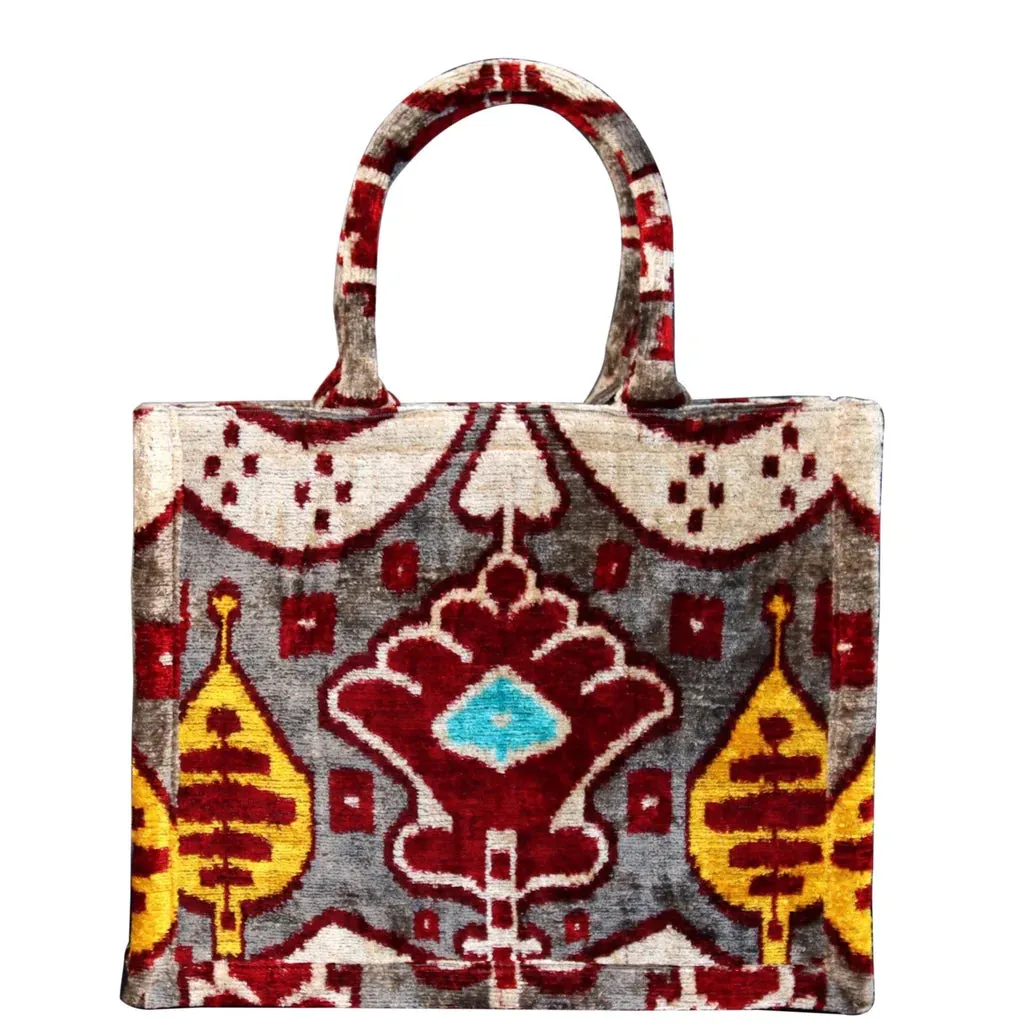 AF Silk Ikat Handbag - Tote - Red Diamond