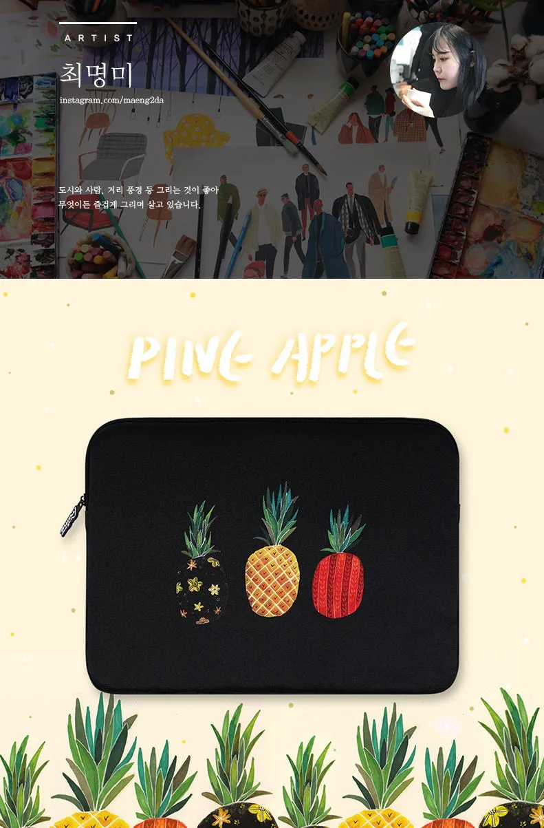 Black Pineapple Graphic iPad 11 13 15 17 inch Laptop Sleeves Cases Protective Covers Purses Handbags Square Cushion Pouches Designer School Collage Office Lightweight