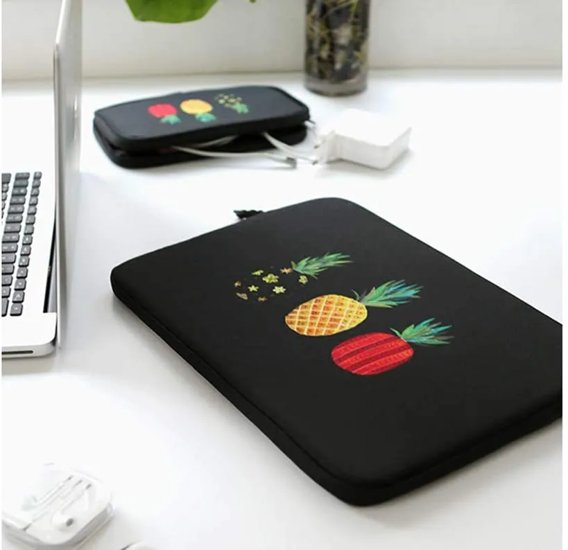 Black Pineapple Graphic iPad 11 13 15 17 inch Laptop Sleeves Cases Protective Covers Purses Handbags Square Cushion Pouches Designer School Collage Office Lightweight