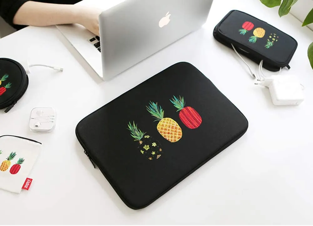 Black Pineapple Graphic iPad 11 13 15 17 inch Laptop Sleeves Cases Protective Covers Purses Handbags Square Cushion Pouches Designer School Collage Office Lightweight