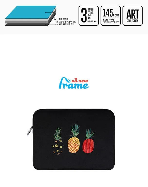 Black Pineapple Graphic iPad 11 13 15 17 inch Laptop Sleeves Cases Protective Covers Purses Handbags Square Cushion Pouches Designer School Collage Office Lightweight