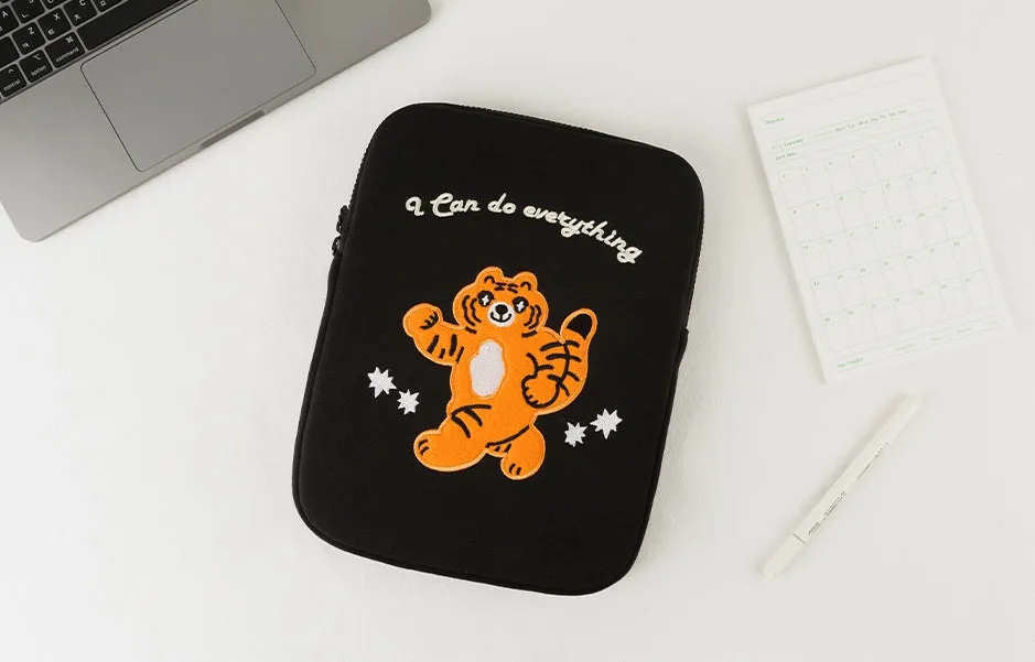 Black Tiger Laptop Sleeves iPad 11 13 15 inch Cases Protective Covers Purses Skins Handbags Square Cushion Carrying Pouches Designer Artist Embroidery School Collage Office Lightweight Pocket Cute Characters