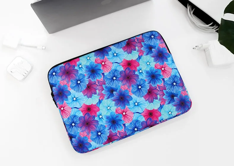 Blue Red Dahlia Floral Graphic Laptop Sleeves 11 13 15 inch Cases Protective Covers Handbags Square Pouches Designer Artist Prints Cute Lightweight School Collage Office Zipper Fashion Unique Gifts Skins