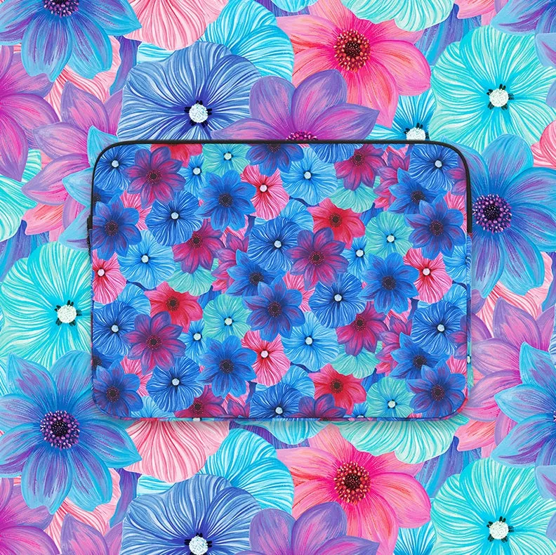 Blue Red Dahlia Floral Graphic Laptop Sleeves 11 13 15 inch Cases Protective Covers Handbags Square Pouches Designer Artist Prints Cute Lightweight School Collage Office Zipper Fashion Unique Gifts Skins