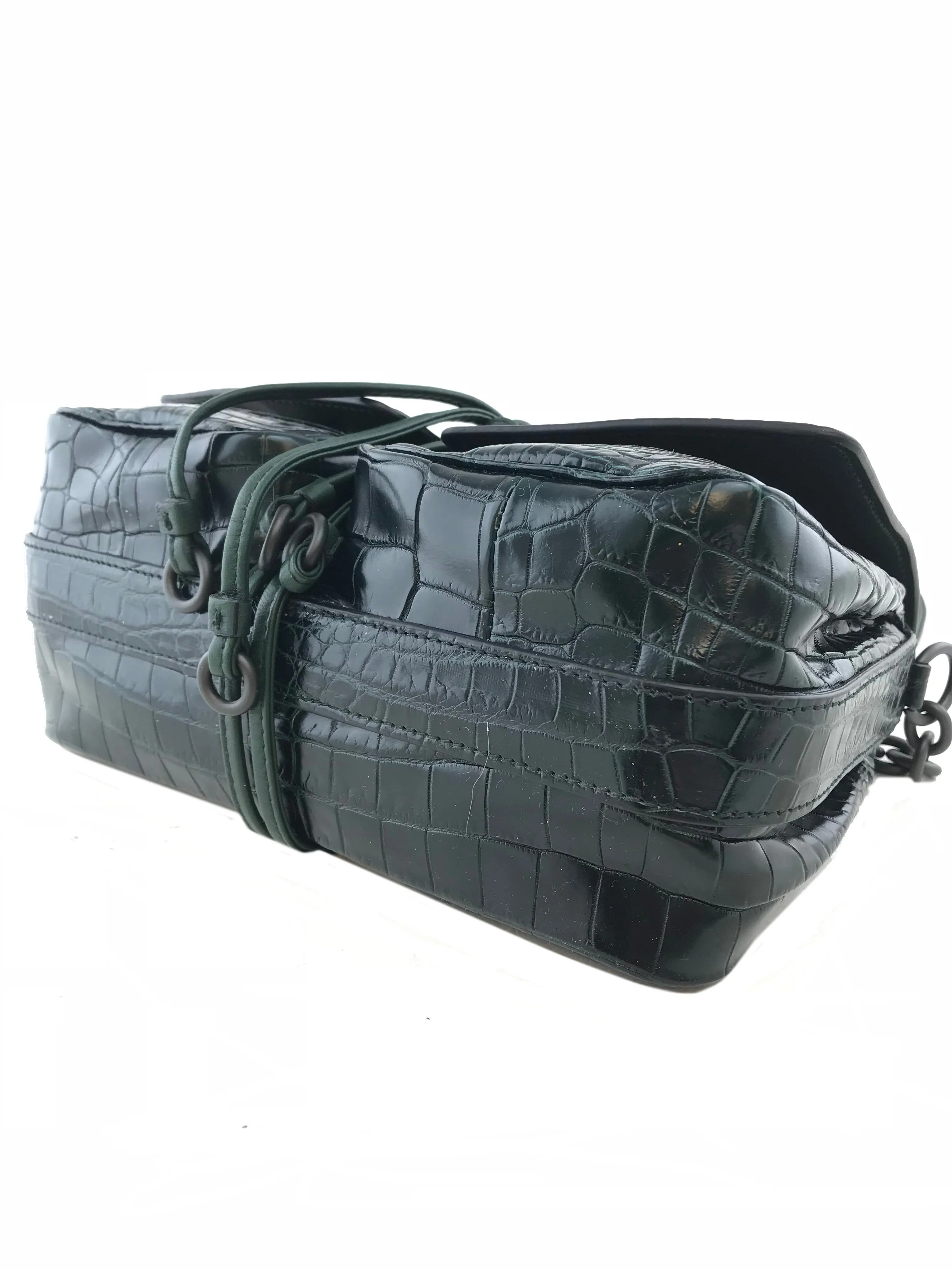 Bottega Veneta Dark Green Crocodile Flap Bag NEW