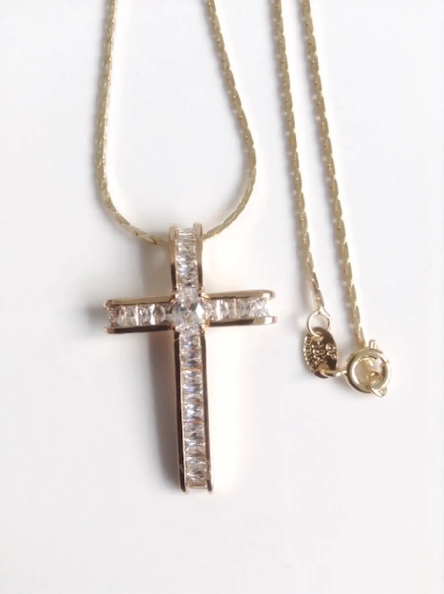 Cubic Zirconia Gold Rose Plated Big Cross Necklace