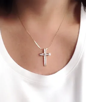 Cubic Zirconia Gold Rose Plated Big Cross Necklace