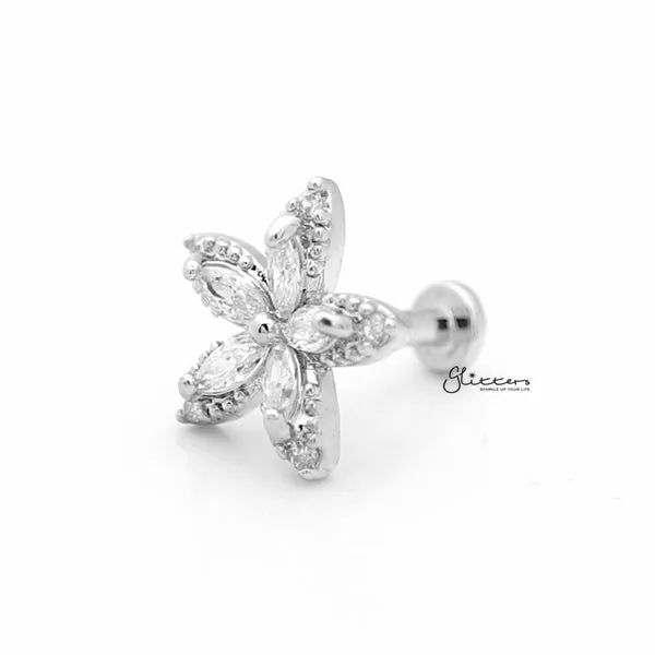 C.Z Flower Internally Threaded Top Cartilage/Tragus Flat Back Stud - Silver