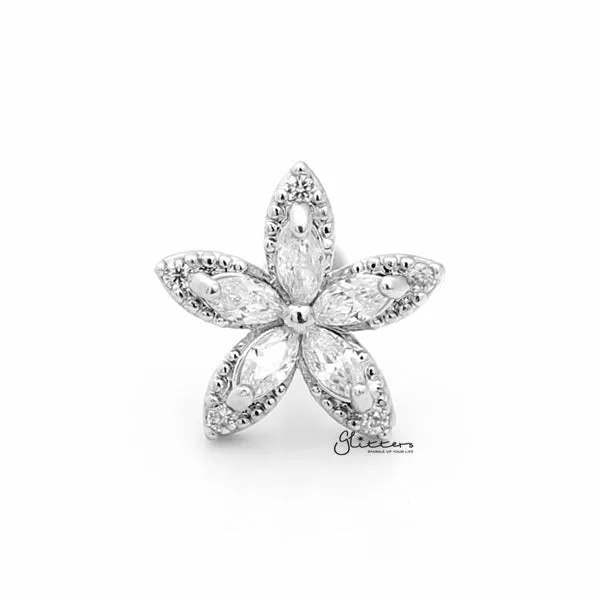 C.Z Flower Internally Threaded Top Cartilage/Tragus Flat Back Stud - Silver