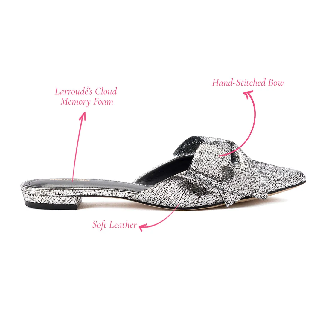 Elle Flat Mule In Silver Cracked Metallic Leather