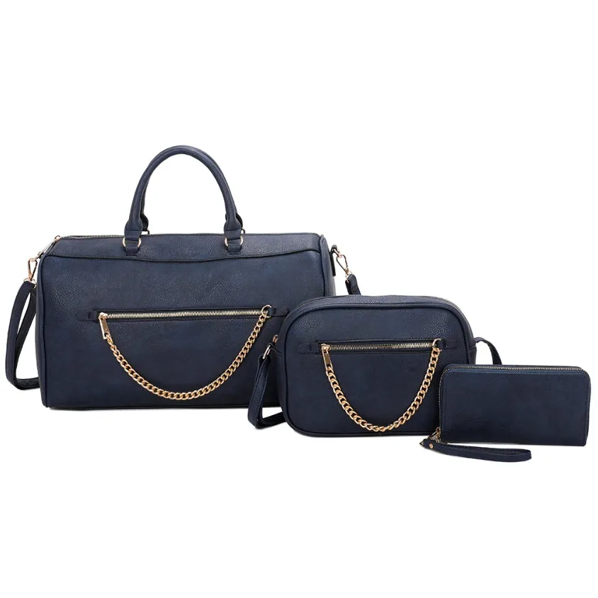 Fashion chained boston bag set - navy