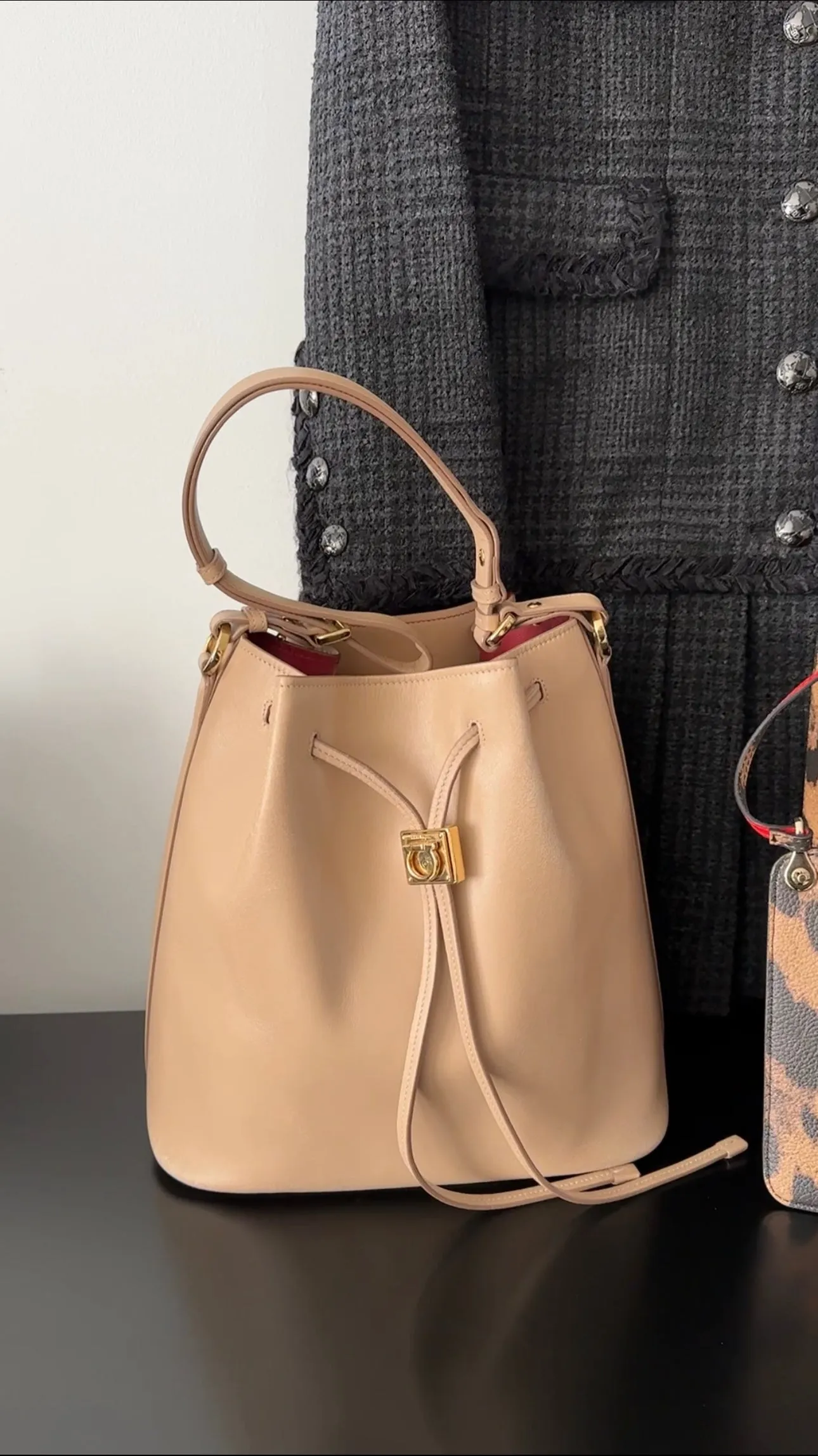 Ferragamo Sansy Light Beige Leather Two-Way Bucket Bag