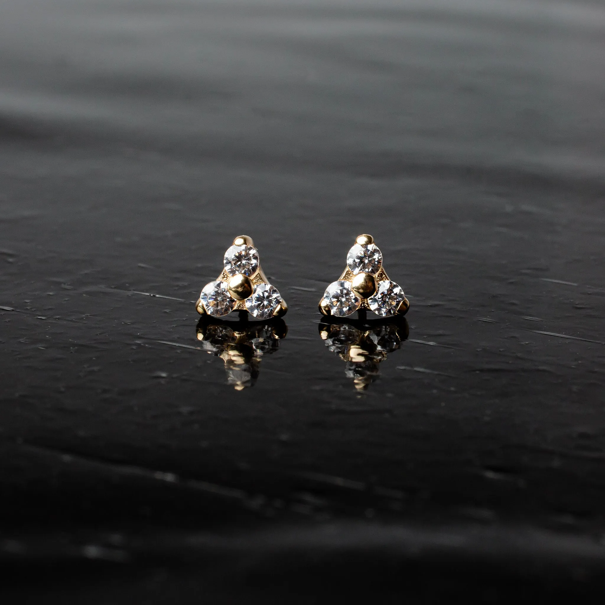 Frosted Crystal Trio Flat Back Sleeper Earrings - 14K Solid Gold