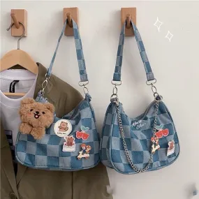 INS JAPANESE DENIM PLAID RETRO SHOULDER BAG BY90112