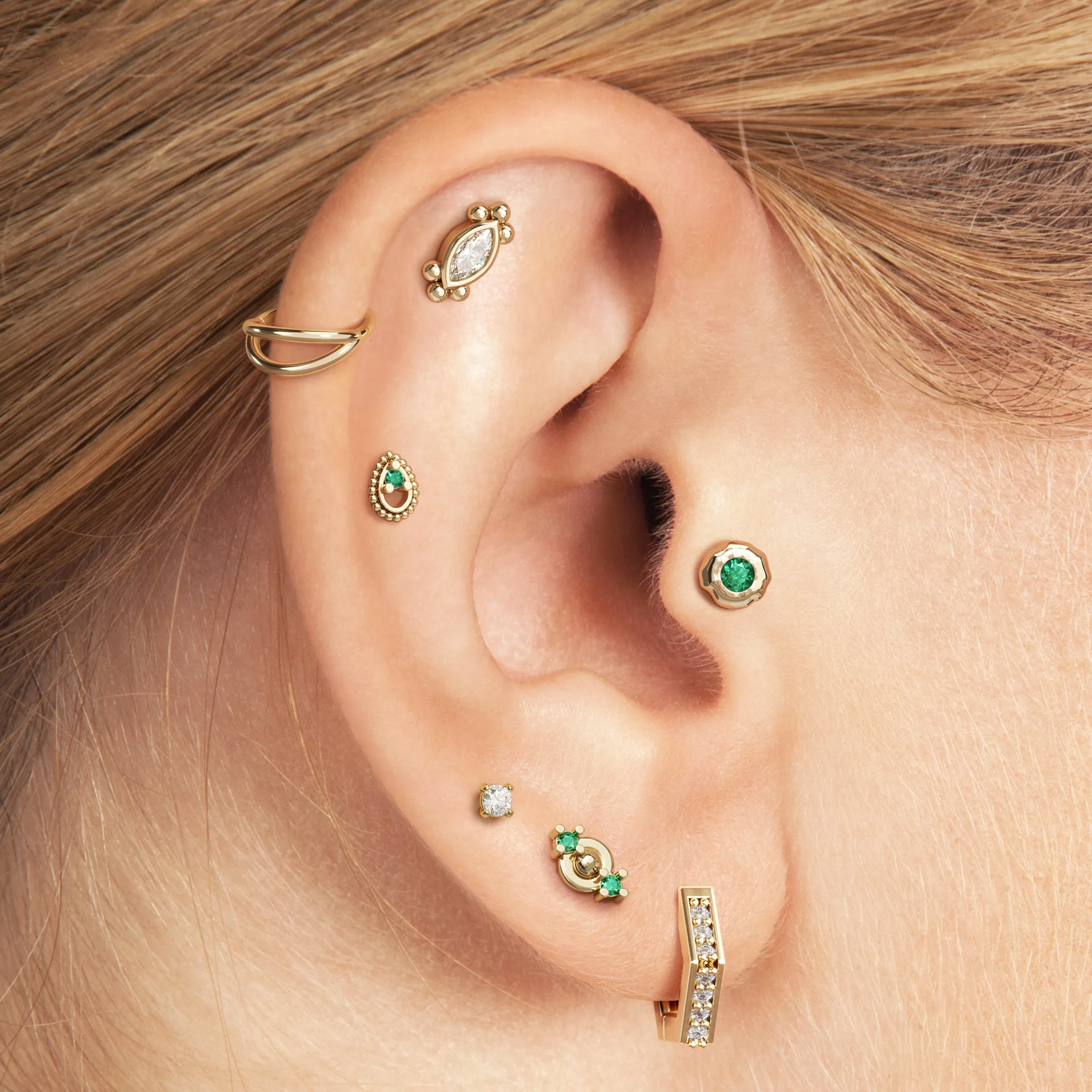 Irregular Round 14K Gold Emerald Stud