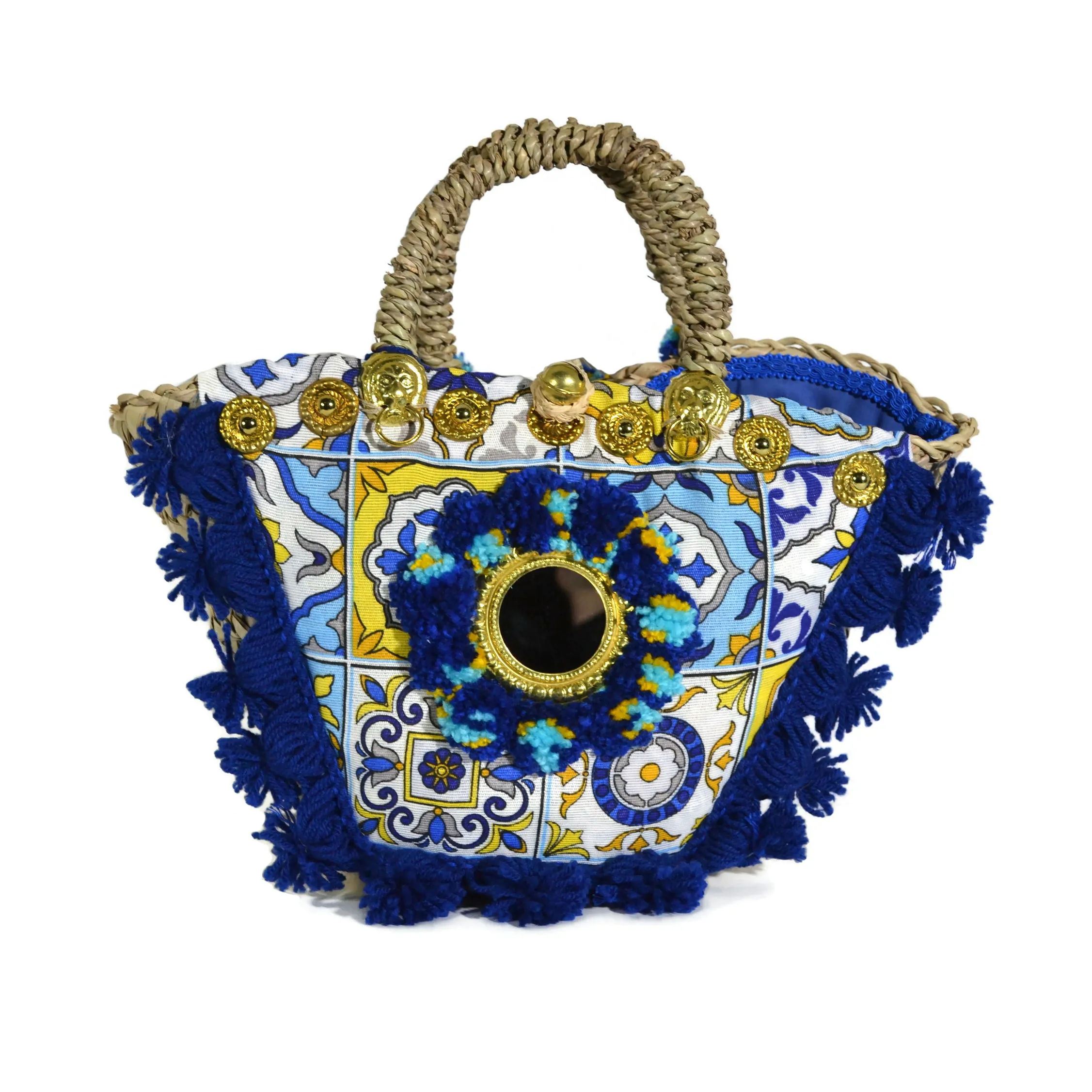 La Siciliana Bag - Coffa Paglia - Blue and Yellow Cloth with Tassels