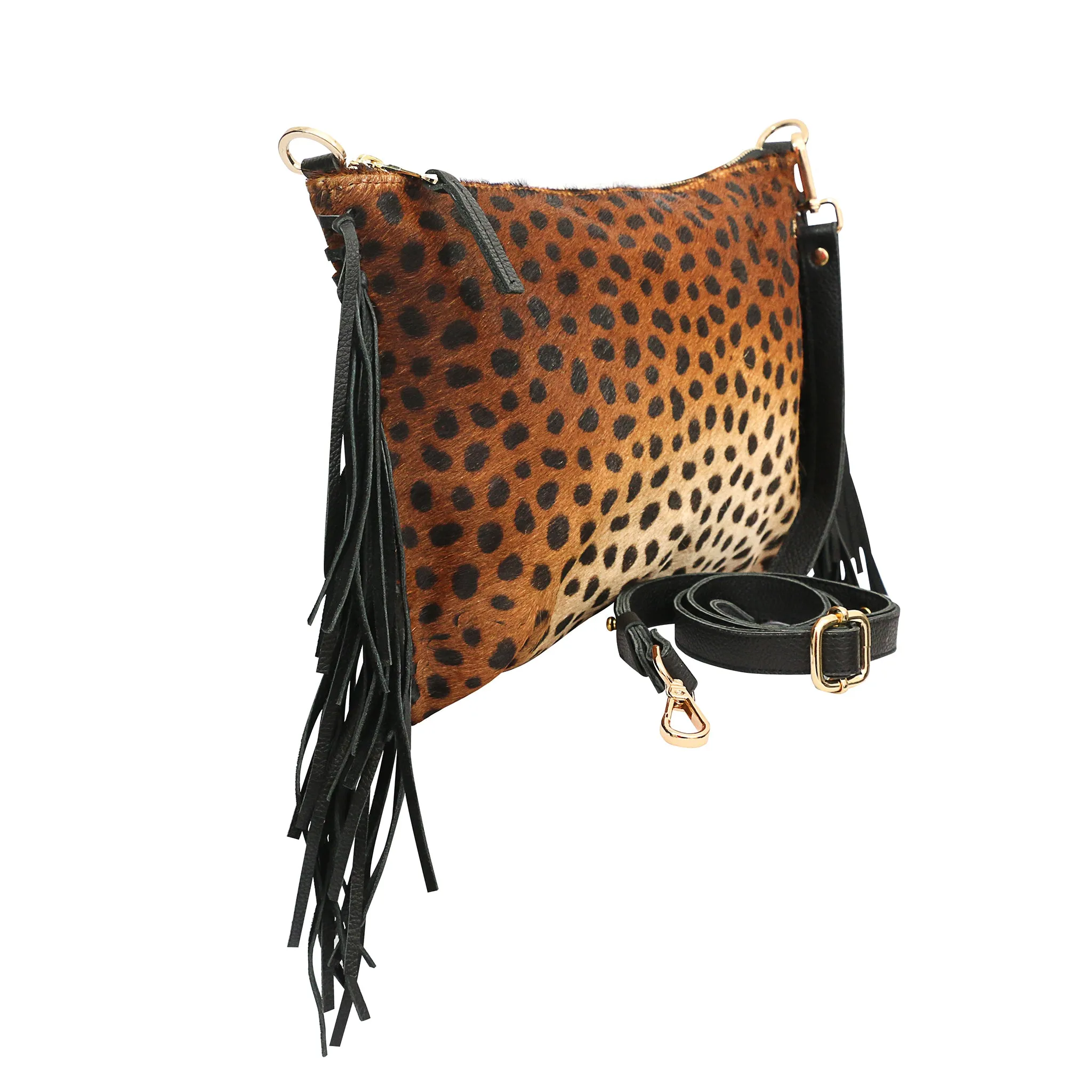 Leopard-Print Calf-Hair Fringe Clutch Bag