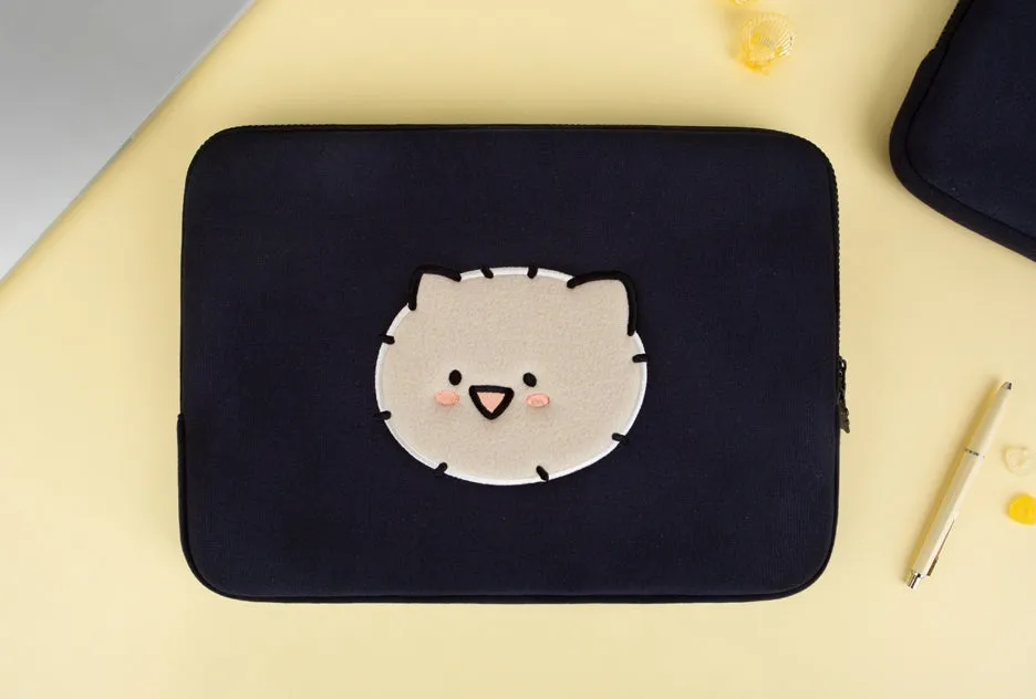 Navy Kuma Laptop Sleeves iPad 13 14 15 inch Cases Protective Covers Purses Skins Handbags Square Cushion Carrying Pouches Designer Artist Embroidery School Collage Office Lightweight Pocket Cute Characters