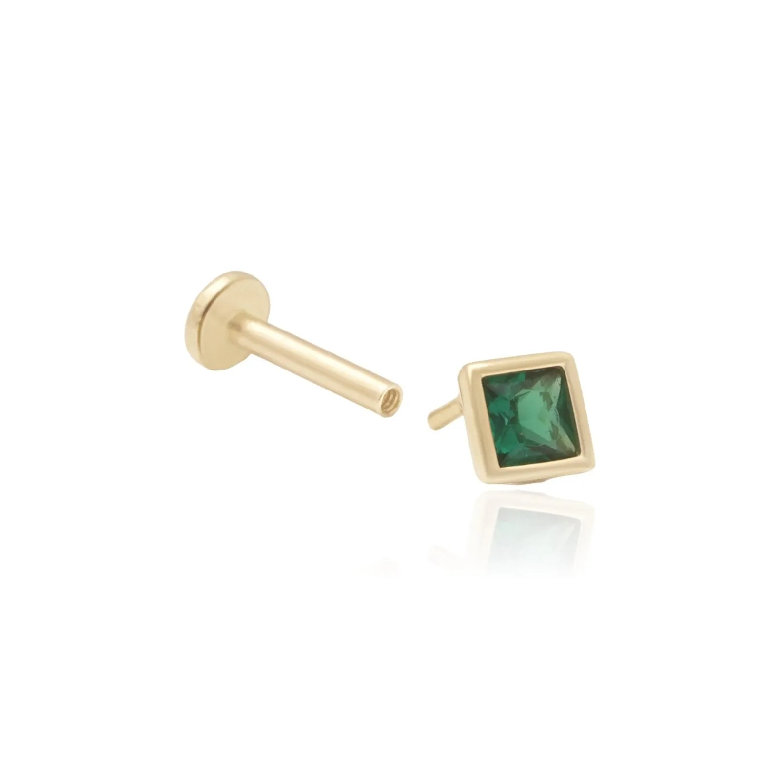 Princess Cut Emerald Flat Back Earring in Bezel Set Solid 14k Gold