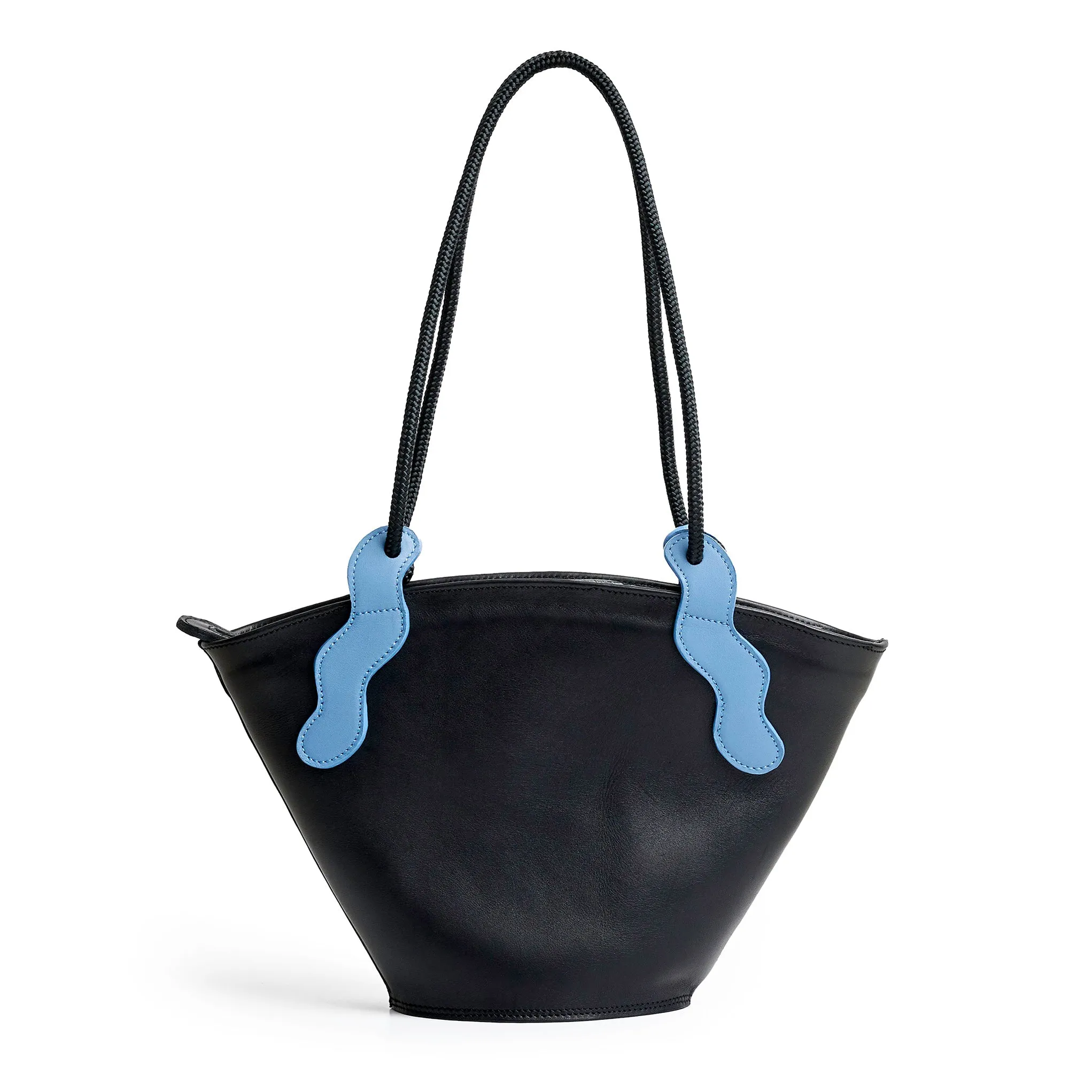 Project Dyad || Black Color trapeze-shaped cow leather Inner small pocket Rope handle Emele Zipper Bag