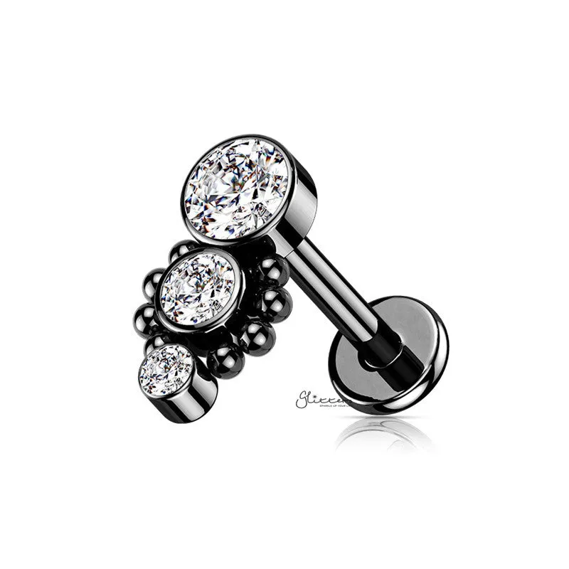 Triple CZ Top Flat Back Stud - Black