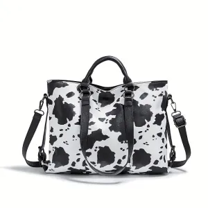 Vintage Chic Cow Print Tote Bag - Spacious Multi-Pocket PU Leather Crossbody Handbag with Adjustable Shoulder Strap, Layered Business Briefcase Design, Stylish and Practical for Work, Travel, and Daily Use