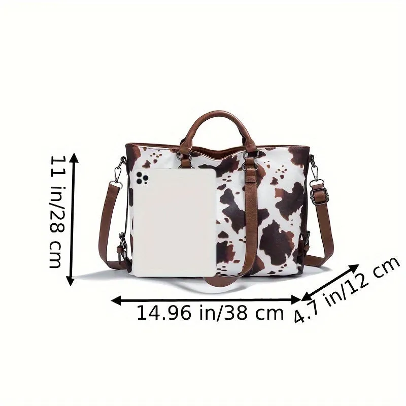 Vintage Chic Cow Print Tote Bag - Spacious Multi-Pocket PU Leather Crossbody Handbag with Adjustable Shoulder Strap, Layered Business Briefcase Design, Stylish and Practical for Work, Travel, and Daily Use